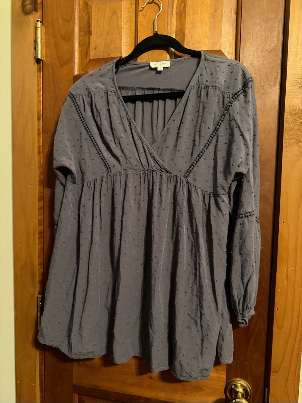 Umgee Slate Blue/Gray Textured V-Neck Peasant Top